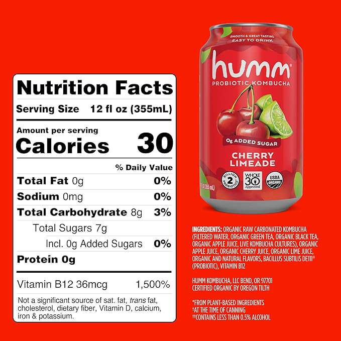 Humm Whole30 Approved Kombucha, Cherry Limeade, Organic, Vegan & GMO Free (12 Pack)
