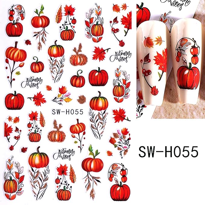 Fall Nail Stickers for Nail Art 3D Thanksgiving Pumpkins Autumn Fruit, Maple Leaf, Fallen Leaves Adhesive Nail Stickers for Women Nail Decoration Holiday DIY Cute Pumpkin Manicure Supplies 4 Sheets