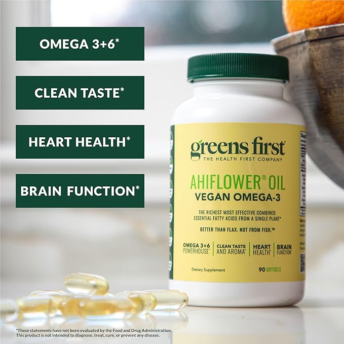 Greens First Ahiflower Oil Plant-Based Omega-3 Supplement – Vegan Omega-3 to Support Brain, Immune, Joint & Heart Health - Essential Fatty Acids - Gluten-Free/Dairy-Free/Soy-Free (90 Softgels)