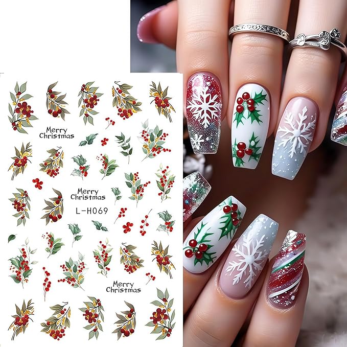 8 Sheets Christmas Nail Stickers for Nail Art, Christmas Holiday Holly Leaves Nail Decals Design 3D Self-Adhesive Winter Leaves Nail Art Stickers Supplies for Women Holiday DIY Manicure Decoration