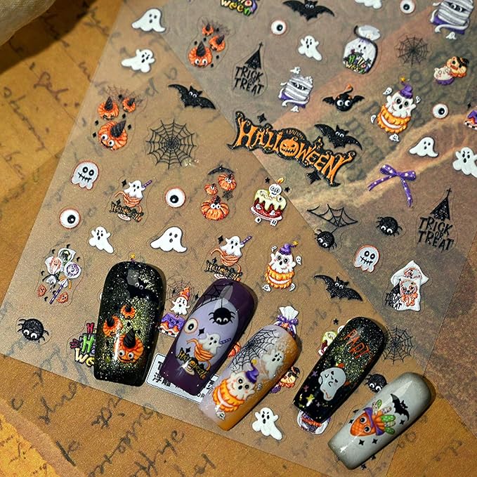 Halloween Nail Stickers for Nail Art - Cute Ghost Nail Art Sticker Halloween Bat Witch Hat 5D Embossed Nail Decals Self-Adhesive Nails Supply Manicure Stickers for Nails Decoration(Ghost Party)