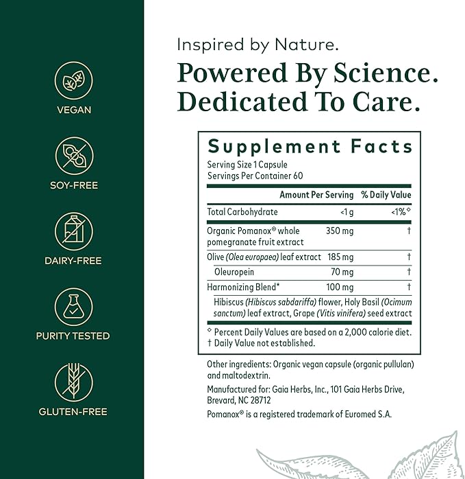 Gaia Herbs PRO Systolic Complex - Cardiovascular Support Supplement* - Pomanox Pomegranate Extract, Olive Leaf, Hibiscus, Grape Seed & Holy Basil - 60 Capsules (60 Servings)