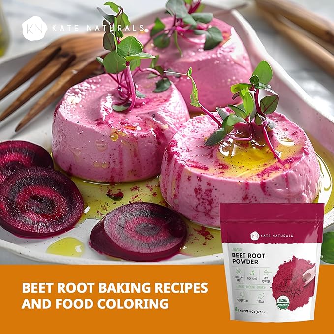 Kate Naturals Organic Beet Root Powder for Smoothies, Baking & Juice. Raw Beetroot Superfood Extract & Natural Red Food Coloring & Nitric Oxide (8oz, Non-GMO, Earthy Flavor)