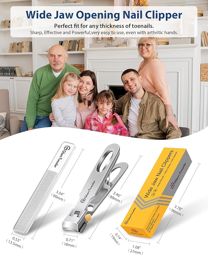 Anti-Splash Wide Jaw Opening Nail Clippers - GlamTweeler Ultra Sharp Extra Large Wide Opening Fingernail and Toenail Clipper with Glass Nail File (Silver_Curved)