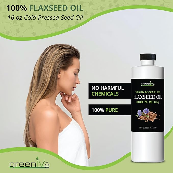 GreenIVe Flax Seed Oil Organically Grown100% Pure Cold Pressed High Vegan Omega Fatty Acids (16 Fl Oz)