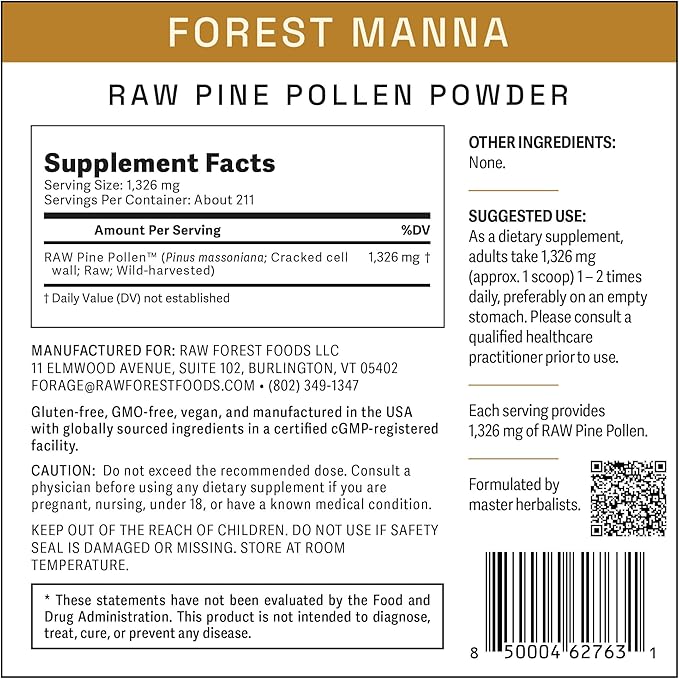 Forest Manna RAW Pine Pollen Powder – Mountain Harvest Pine Pollen – 280 Gram Pouch