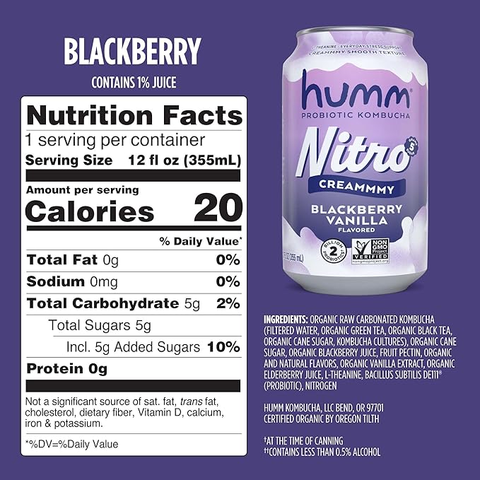 Humm Nitro Kombucha Blackberry Vanilla, Creamy Smooth Probiotic Drink with L-Theanine, Non-GMO, Vegan, Gluten Free, 12 fl oz (Pack of 24)