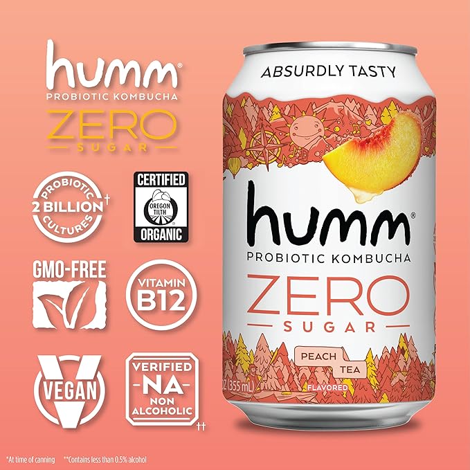Humm Probiotic Kombucha Zero Sugar Peach Tea, No Refrigeration Needed, Keto Friendly, Organic, Vegan, Gluten Free, 12oz Cans (8 Pack)