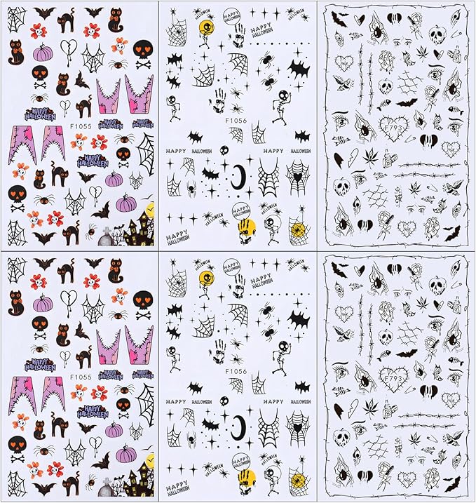 Halloween Nail Art Stickers, Cute Cat Nail Decals 3D Self-Adhesive with Spider Bat Pumpkin Flower Skull Spider Web Design 6Pcs Halloween Nail Art Supplies for Women Nail Decoration