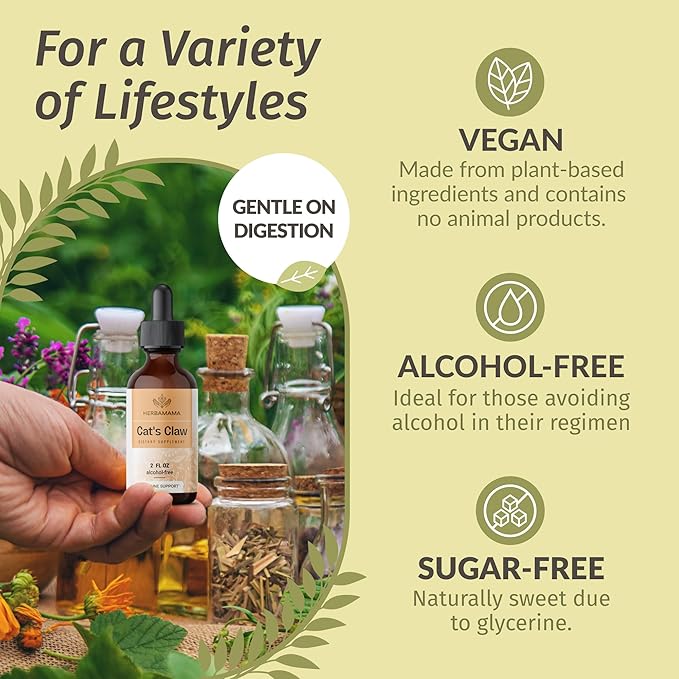 HERBAMAMA Cat's Claw Tincture - Vegan Cat's Claw Extract Supplement for Immune Support - Non-GMO, Alcohol & Sugar-Free Uncaria Tomentosa Drops