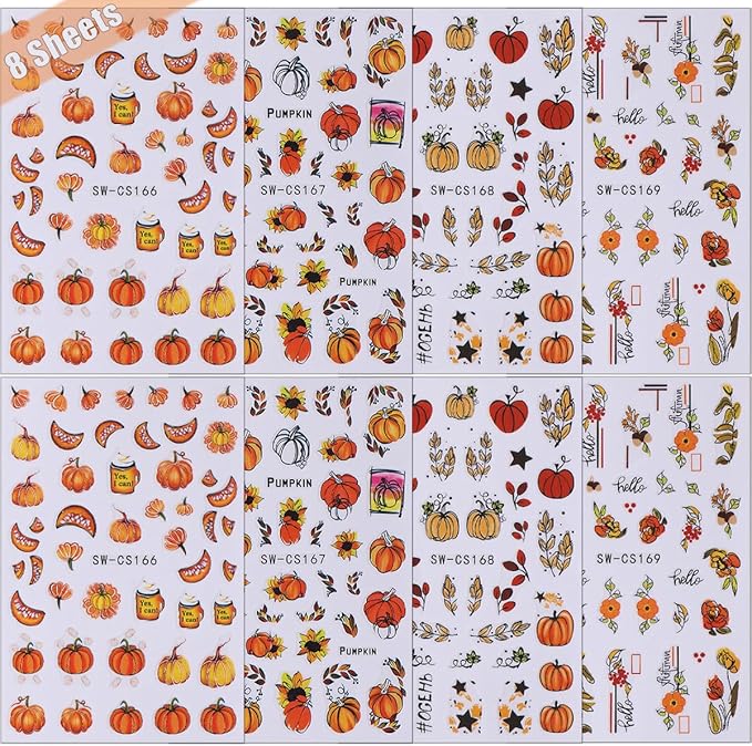 8 Sheets Pumpkin Nail Decals for Thanksgiving Art Stickers - Autumn Fruit Flower Leaf 3D Self-Adhesive Fall Decoration Supplies for Women Girls