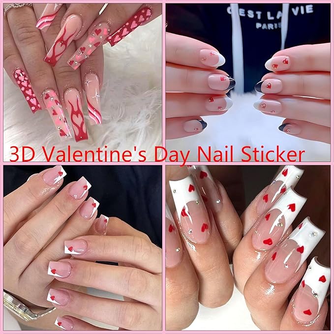 12 Sheets Valentines Nail Stickers, 3D Self-Adhesive Heart Designs, Love Rose Decals for Women Nail Art