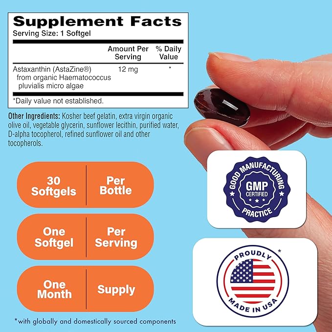 Health Thru Nutrition Astaxanthin Triple Strength 12mg Supplement 30 Softgels | AstaZine from Algae Organically Grown in Pristine Himalayan Water | Skin and Vision Support