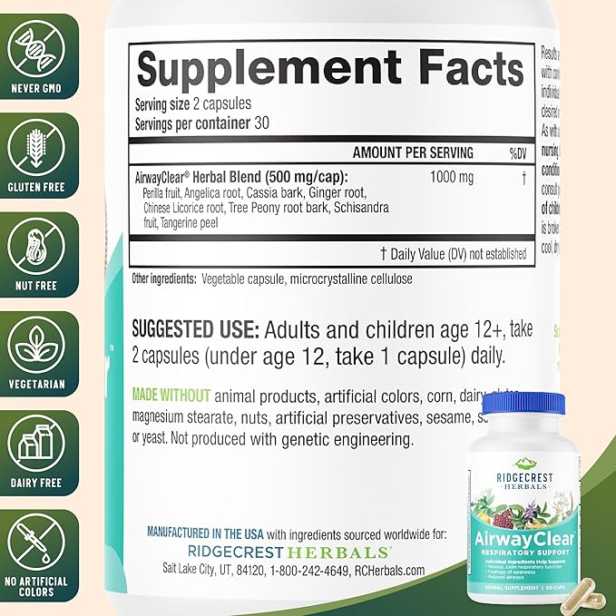 Ridgecrest Herbals AirwayClear, Lung Health and Breathing Support Supplements with Schisandra Fruit, Cassia Bark and Ginger Root, Sinus, Mucus Support, Gluten Free (60 Vegan Caps, 30 Serv)