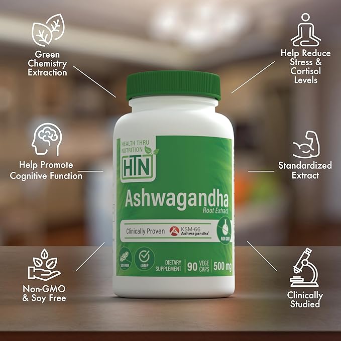 Health Thru Nutrition Ashwagandha 500mg KSM66® 90 Capsules | Stress, Mood, Focus, & Energy | Clinically Proven and Organic Root-Only Whitania Somnifera Extract | Non-GMO, Gluten & Soy Free