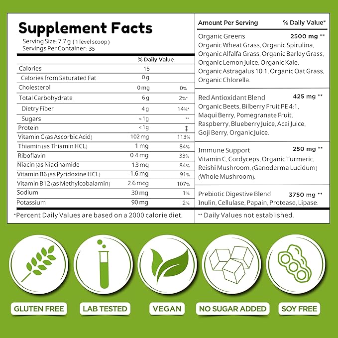Greens Powder Immune Support, Superfood Blend with 20 Organic Greens & Superfruits, Boost Energy Level, Digestive Enzymes & Prebiotic Blend, Natural Mixed Berry Flavor (9.5 Oz)