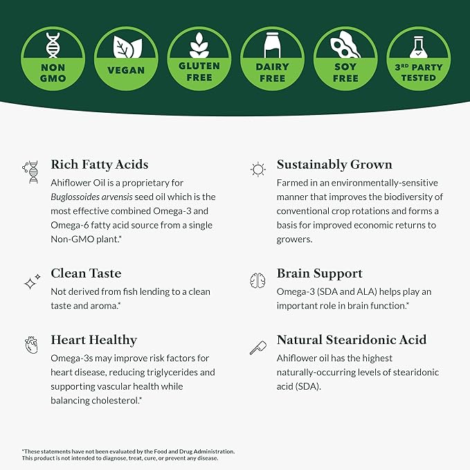Greens First Ahiflower Oil Plant-Based Omega-3 Supplement – Vegan Omega-3 to Support Brain, Immune, Joint & Heart Health - Essential Fatty Acids - Gluten-Free/Dairy-Free/Soy-Free (90 Softgels)