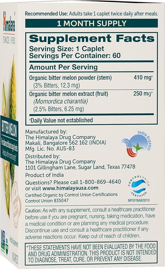 Himalaya Organic Bitter Melon - Herbal Glucose Metabolism Support - USDA Organic, Non-GMO, Vegan, Gluten Free, 660 mg, 60 Caplets (Pack of 2)