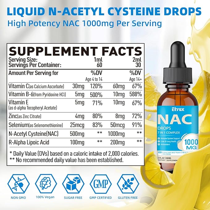Liquid NAC Drops 1000MG, NAC Supplement N-Acetyl Cysteine with Alpha Lipoic Acid for Adults & Kids, Immune System & Antioxidant Support, Liver & Lung Health, Natural Lemon Flavor, Sugar Free, 2FL OZ