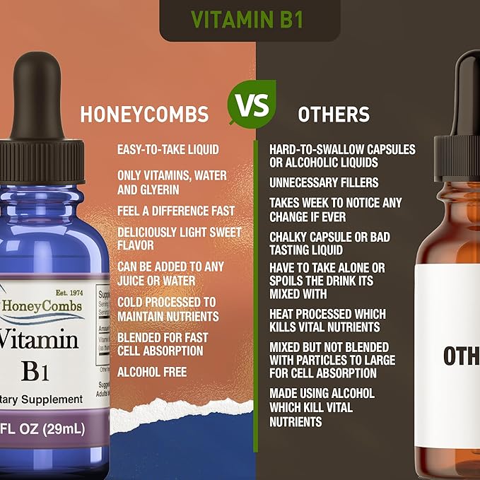 HoneyCombs Vitamin B1 Supplement (Thiamine) Liquid Drops - High Potency Thiamine B1 Supplement for Men & Women - Maintain Nervous System, Energy & Overall Health - Vegan Liquid B Vitamins (1 Fl oz)