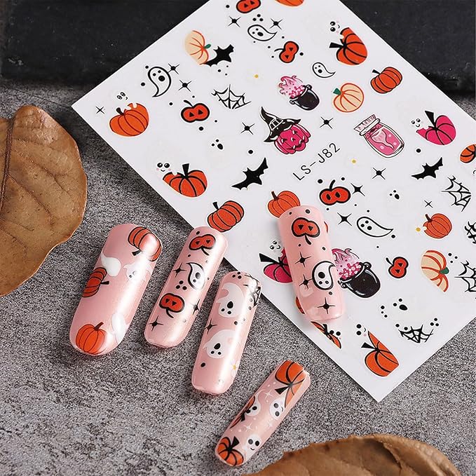 12 Sheets Halloween Nail Art Stickers Pumpkin Bat Nail Decals Ghost Cat Blood Designs Nail Stickers for Nails Art 3D Self-Adhesive Halloween Manicure Decoration for Women