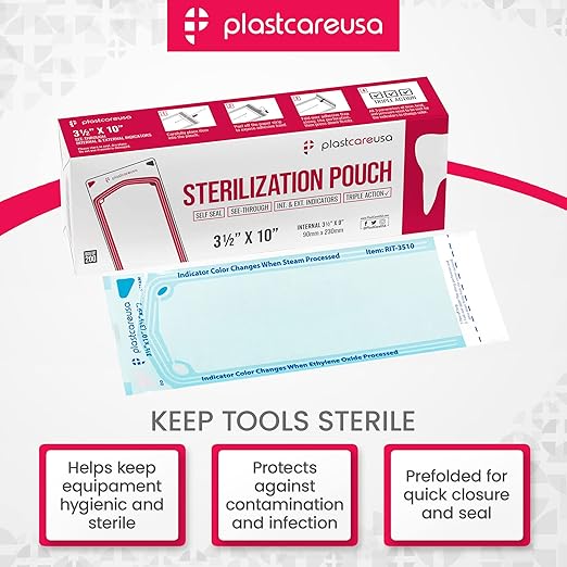 Self Sealing Sterilization 1000 Pouches 3.5" x 10" - Latex-Free, Color Changing Indicator (5 Boxes of 200) by PlastCare USA
