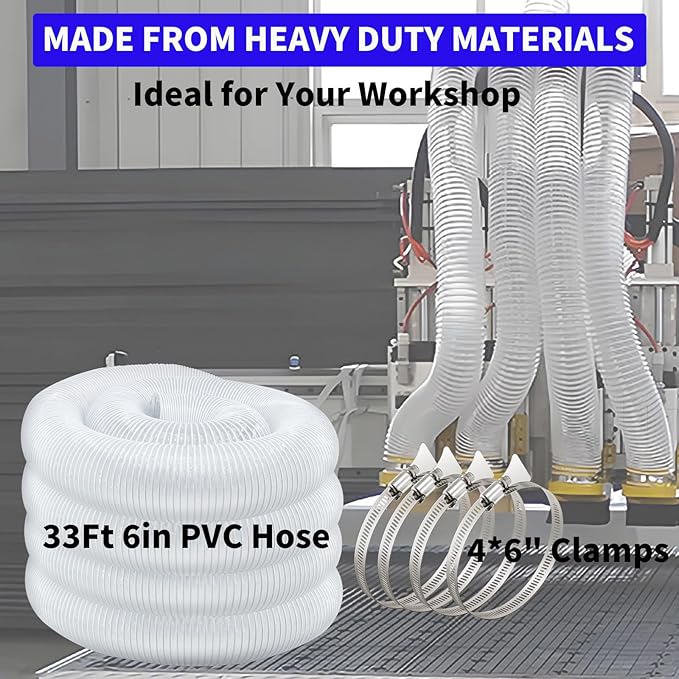 JUYO VONSAN 6 inch Dust Collection Hose 33ft 6” Heavy Duty Clear PVC Debris Flex Dust Collector Hose (6'' X 33ft)