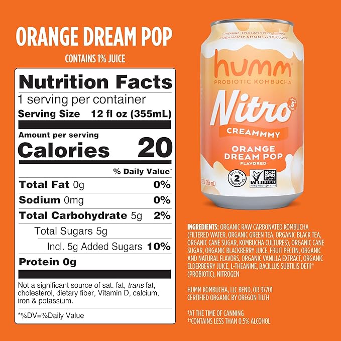 Humm Nitro Kombucha Orange Dream Pop, Creamy Smooth Probiotic Drink with L-Theanine, Non-GMO, Vegan, Gluten Free, 12 fl oz (Pack of 24)