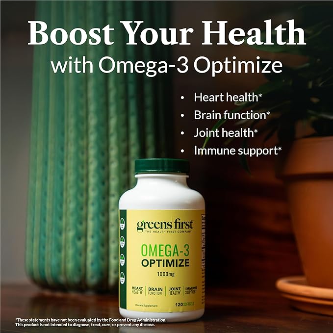 Greens First Omega-3 Optimize Daily Supplement – Ultra-Pure, Potent Marine Oil - for Heart, Brain & Joint Health - High EPA/DHA - Immune Support - 850mg (120 Softgels)