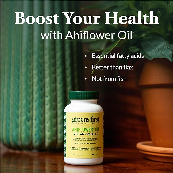Greens First Ahiflower Oil Plant-Based Omega-3 Supplement – Vegan Omega-3 to Support Brain, Immune, Joint & Heart Health - Essential Fatty Acids - Gluten-Free/Dairy-Free/Soy-Free (90 Softgels)