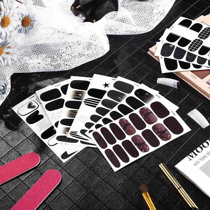 140 Pcs 10 Sheets Black Full Wrap Nail Stickers Polish Strips Gradient Stickers Glitter Self Adhesive DIY Art Decals Strips with 2 Pcs Nail Files for Halloween Decor (Retro Style)