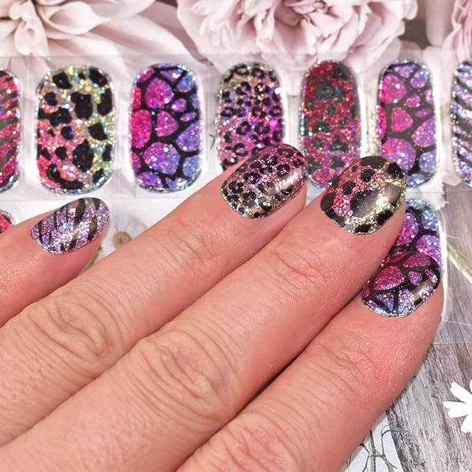 Semi Cured Gel Nail Strips (Glitter Leopard)-22 PCS Manicure Stickers | Gel Nail Wraps | Light Required, Salon Quality & Easy to Use