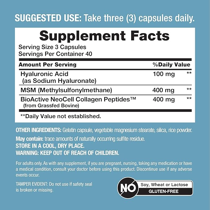 NeoCell Hyaluronic Acid Complex 900mg | 120 Capsules | with BioActive Collagen Peptides & MSM | Premium Grade Formula