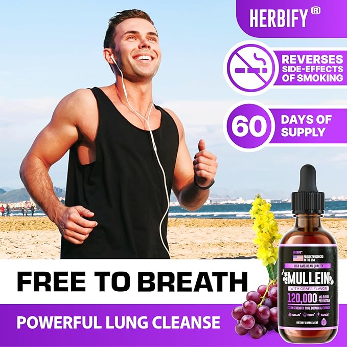 HERBIFY Mullein Drops - Lung Cleanse - Leaf Extract - Powerful Mullein for Immune Support, Detox & Respiratory Support - Made in USA - Herbal Supplements - 4 Oz Grape Flavor