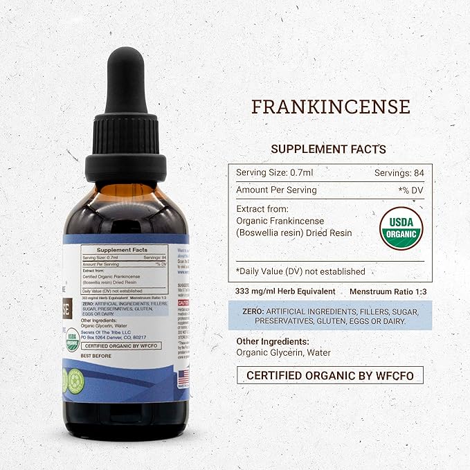 Frankincense USDA Organic Tincture Alcohol-Free Extract, Frankincense (Boswellia Serrata) Dried Resin 2 oz