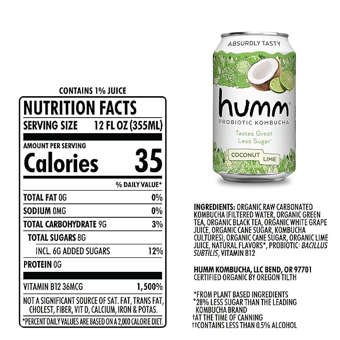 Humm Kombucha Coconut Lime, Organic, Vegan & GMO Free (24 Pack)