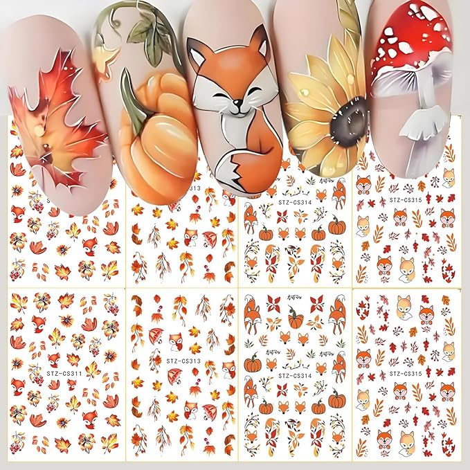 Fall Nail Art Stickers, Cute Fox Nail Art Decals 3D Self-Adhesive Maple Leaves Pumpkin Bow Nails Stickers Fall Blossom Flowers Nail Design 8Pcs Nail Art Supplies for Women Nail Decoration