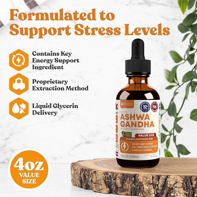 Rejuvica Health Active Ashwagandha 4oz XL Super Size - Advanced Liquid Supplement Tincture - Withania Somnifera Extract Drops - Ashwagandha Roots Only - Naturally Occurring Withanolides