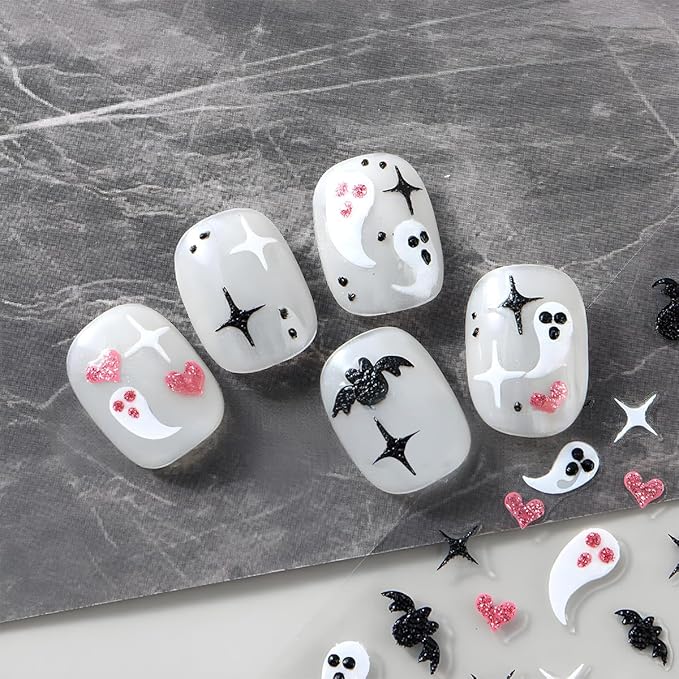 Halloween Nail Art Stickers, Cute Ghost Nail Art Decals 3D Self-Adhesive Spider Bat Pumpkin Cat Skull Spider Web Nail Design 6PCS Halloween Nail Art Supplies for Women Nail Decoration