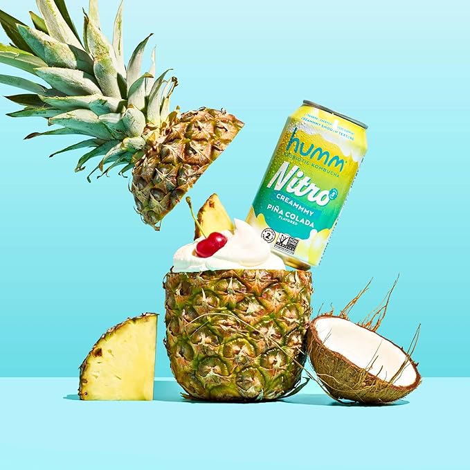 Humm Nitro Kombucha Piña Colada, Creamy Smooth Probiotic Drink with L-Theanine, Non-GMO, Vegan, Gluten Free, 12 fl oz (Pack of 24)