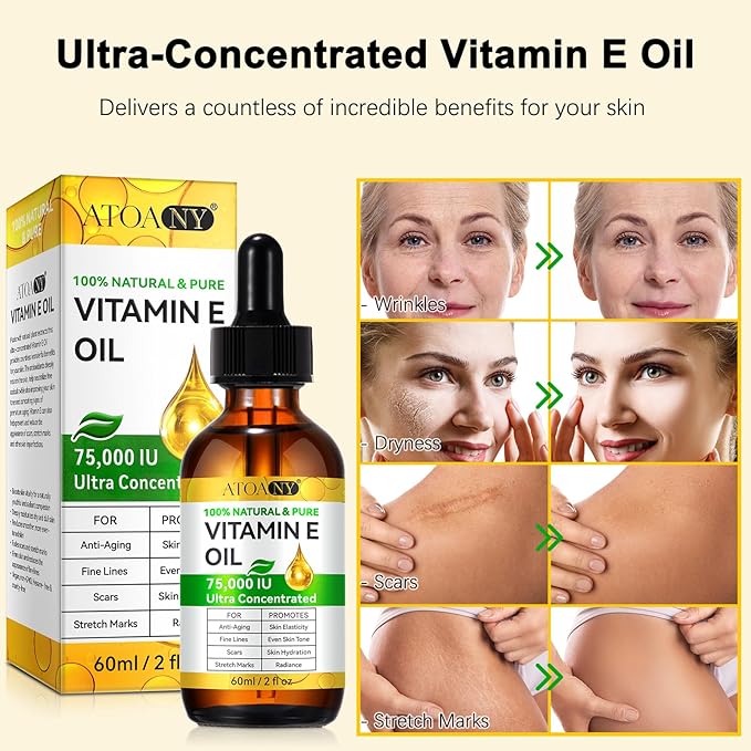 Vitamin E Oil,Natural Vitamin E Oil for Skin 75,000 IU, Organic Pure Vitamins E Oils for Skin Face,Body Bath Moisturizing and Winkles,Reduce Fine Lines & Scars 2Fl Oz
