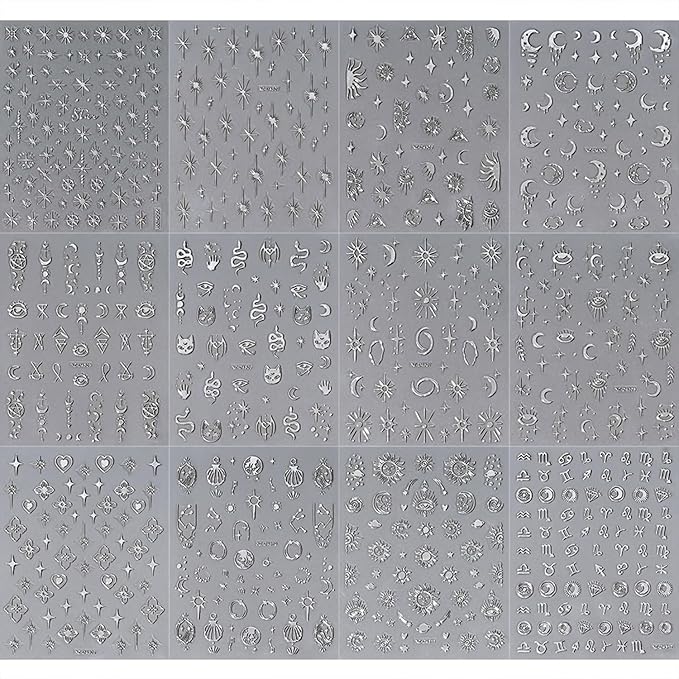 12 Sheets Silver Nail Art Stickers Decals Star Moon Nails Stickers for Nail Art Self-Adhesive Snake Nails Decal