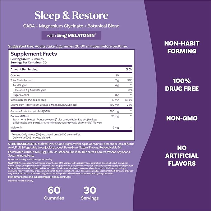 Natrol Sleep + Restore Magnesium Glycinate Blend Gummies with Melatonin 5mg - Calm Magnesium with GABA, Botanical Blend, Cherry Flavor, 60 Gummies