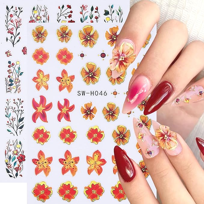 Colorful Flowers Nail Art Stickers 3D Orange Flower Nail Decals with Gold Edge Designs Nail Stickers Self-Adhesive Wildflowers Leaf Nail Decal Cute Floral Leaves Nail Sticker for Women Nails Decor