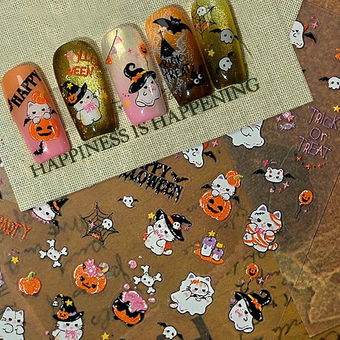 Halloween Nail Stickers for Nail Art - Cute Cat Ghost Nail Art Sticker Halloween 5D Embossed Nail Decals Self-Adhesive Nails Supply Manicure Stickers for Nails Decoration