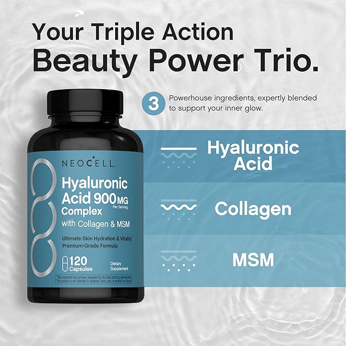 NeoCell Hyaluronic Acid Complex 900mg | 120 Capsules | with BioActive Collagen Peptides & MSM | Premium Grade Formula