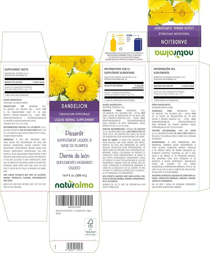 Naturalma Dandelion (Taraxacum officinale) Root and herb Alcohol-Free Tincture - 16.9 fl oz Liquid Extract in Drops - Herbal Supplement - Vegan