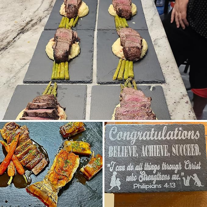 8 Pack 10 x 6 Inch Slate Cheese Boards, Black Rectangle Slate Charcuterie Boards, Natural Charcuterie Stone Plates for Parties, Gifts, and Special Events, Cheese, Sushi, Food.