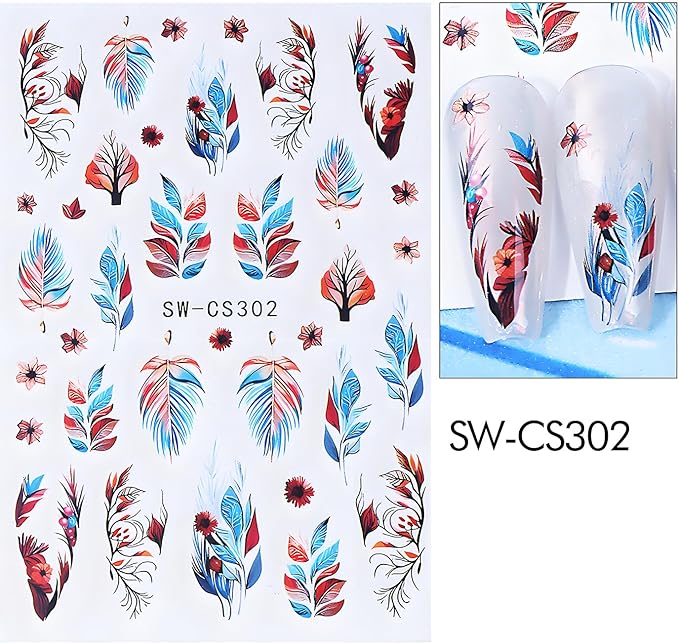 Fall Maple Leaves Nail Art Stickers for Thanksgiving, Fall Nail Art Decals 3D Self-Adhesive Leaf Flower Tree Nail Design 6Pcs Nail Art Supplies for Women Nail Decoration