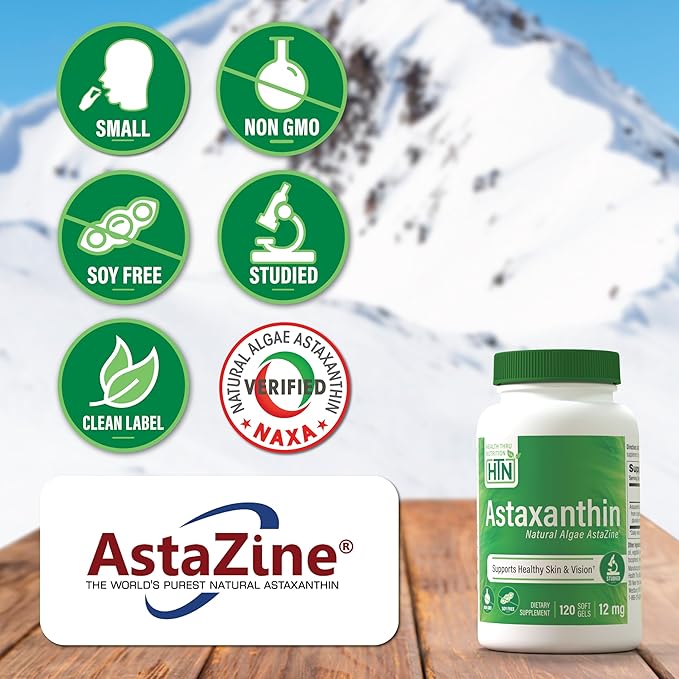 Health Thru Nutrition Astaxanthin Triple Strength 12mg Supplement 120 Softgels | AstaZine from Algae Organically Grown in Pristine Himalayan Water | Skin and Vision Support